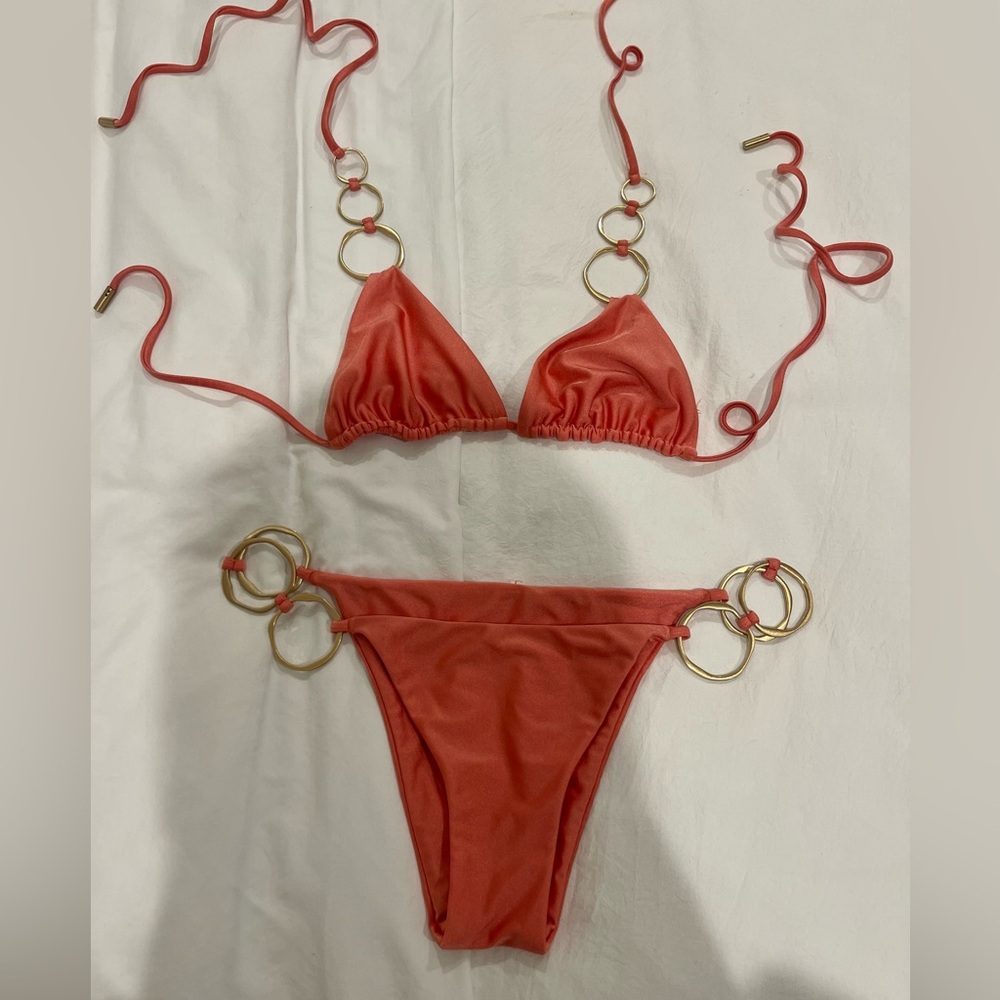 Cult Gaia coral colored Zoey Bikini with Gold Rings